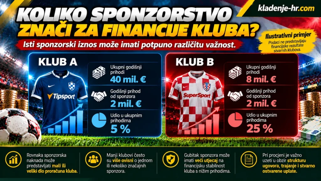 Infografika o utjecaju sponzorstva na financije nogometnih klubova – usporedba dvaju modelskih klubova kojima isti sponzorski iznos od 2 milijuna eura čini 5 % ili 25 % godišnjih prihoda